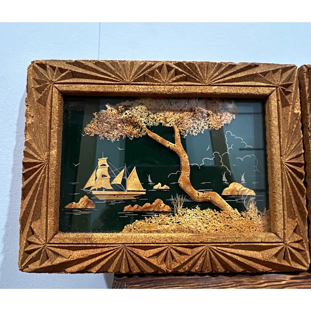 Vintage Mid-Century Spanish Carved Cork Diorama Art Set, Recuerdo de Canarias